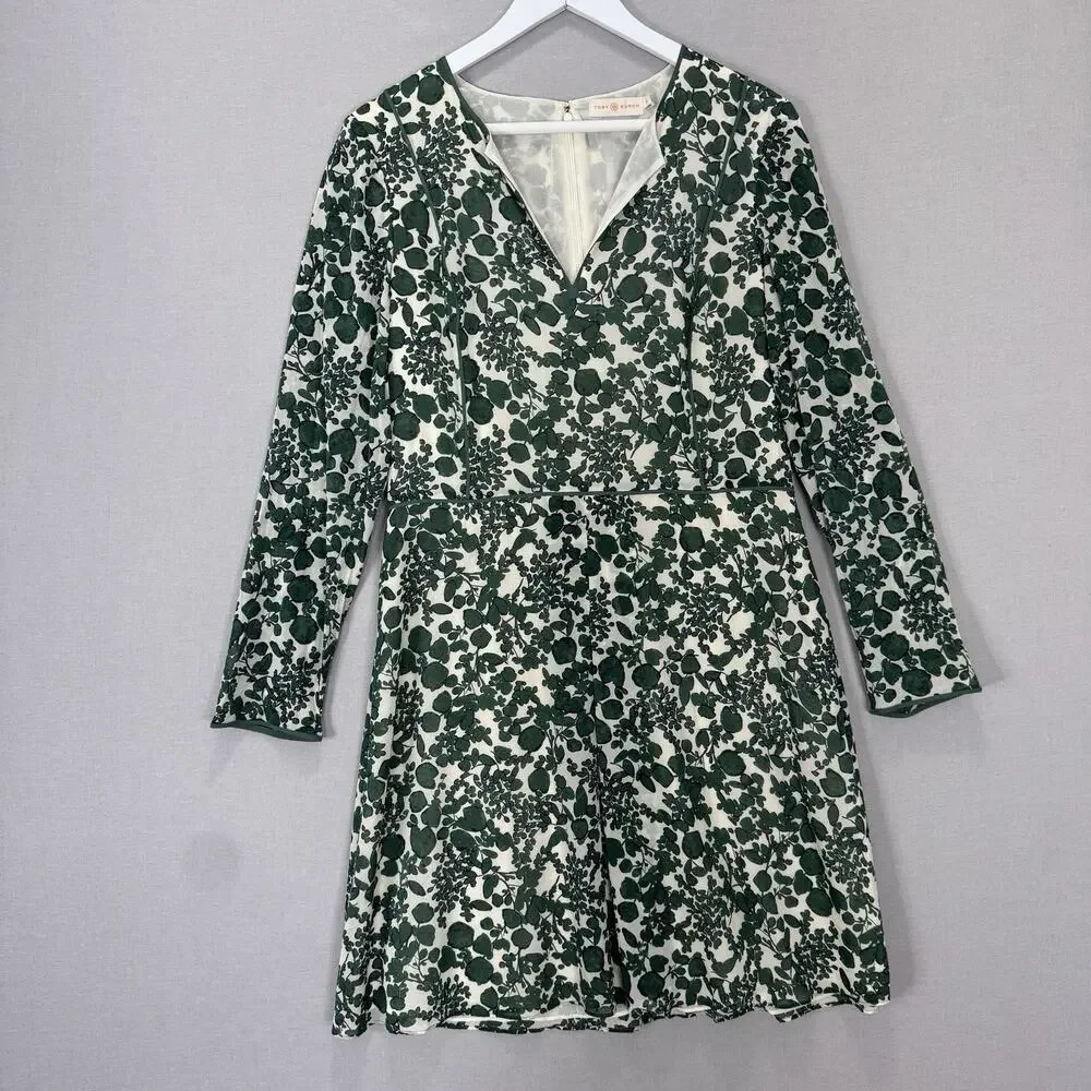 Tory Burch Alice Dress Womens 10 Green Floral Silk A-Line Coastal Cottage Resort